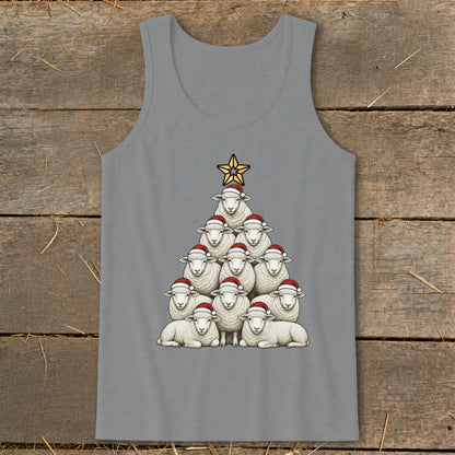 Gray tank top with a Christmas tree made of sheep wearing Santa hats.