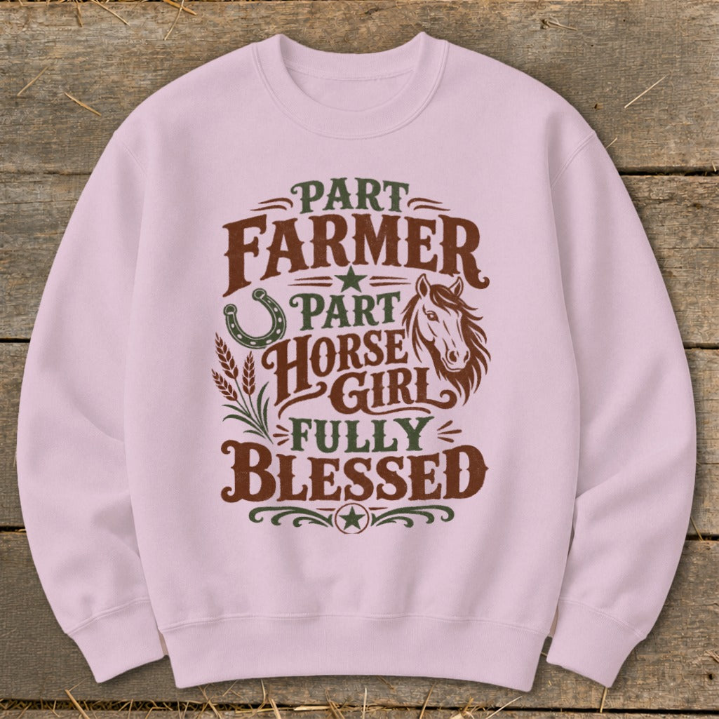 Pink sweatshirt with "Part Farmer, Part Horse Girl, Fully Blessed" text and horse graphics.