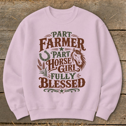 Pink sweatshirt with "Part Farmer, Part Horse Girl, Fully Blessed" text and horse graphics.