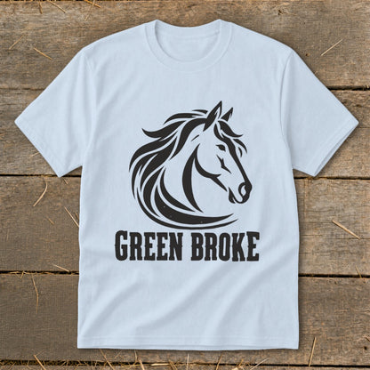 A light blue crewneck t-shirt featuring a black horse head graphic and the text GREEN BROKE.