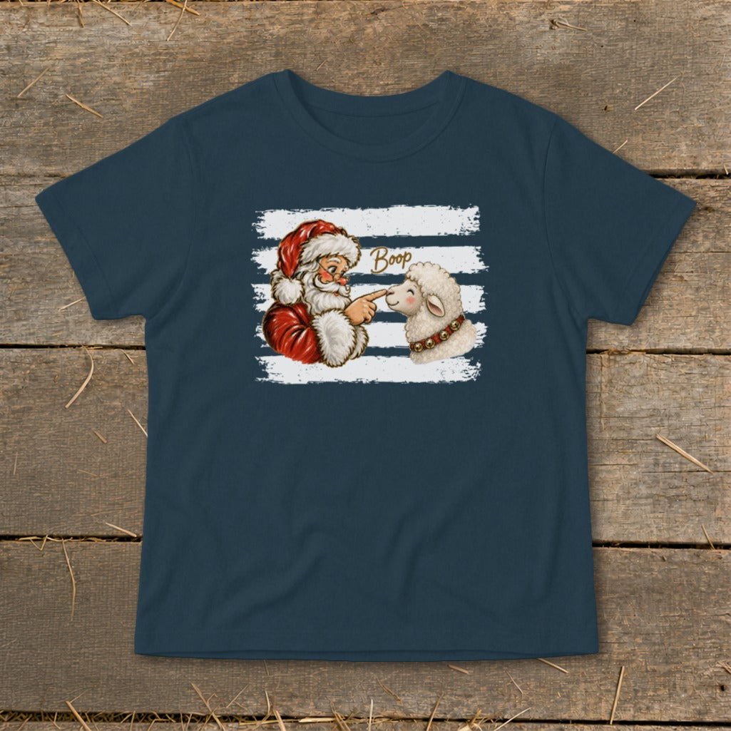 Santa playfully boops a sheep on the nose with the word "Boop" above.