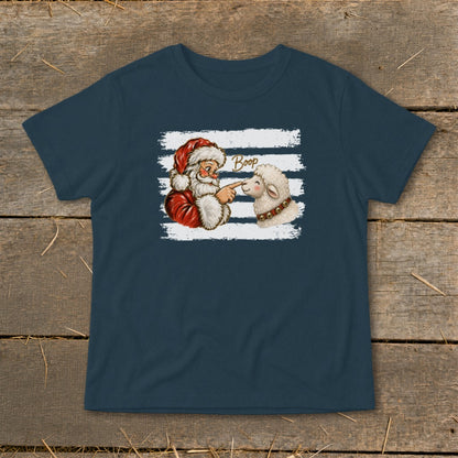 Santa playfully boops a sheep on the nose with the word "Boop" above.