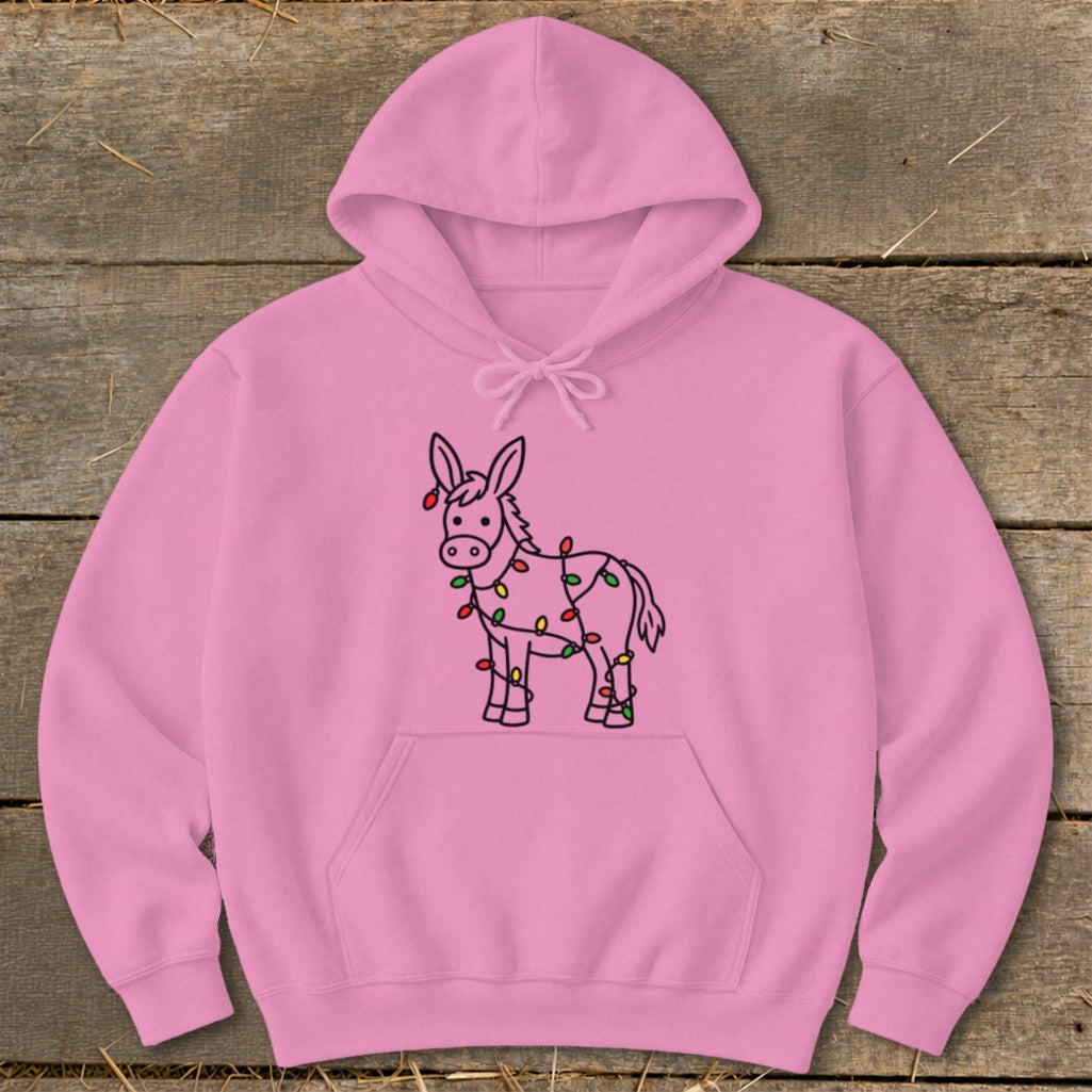 Pink hoodie with a black outline drawing of a donkey wrapped in colorful Christmas lights.