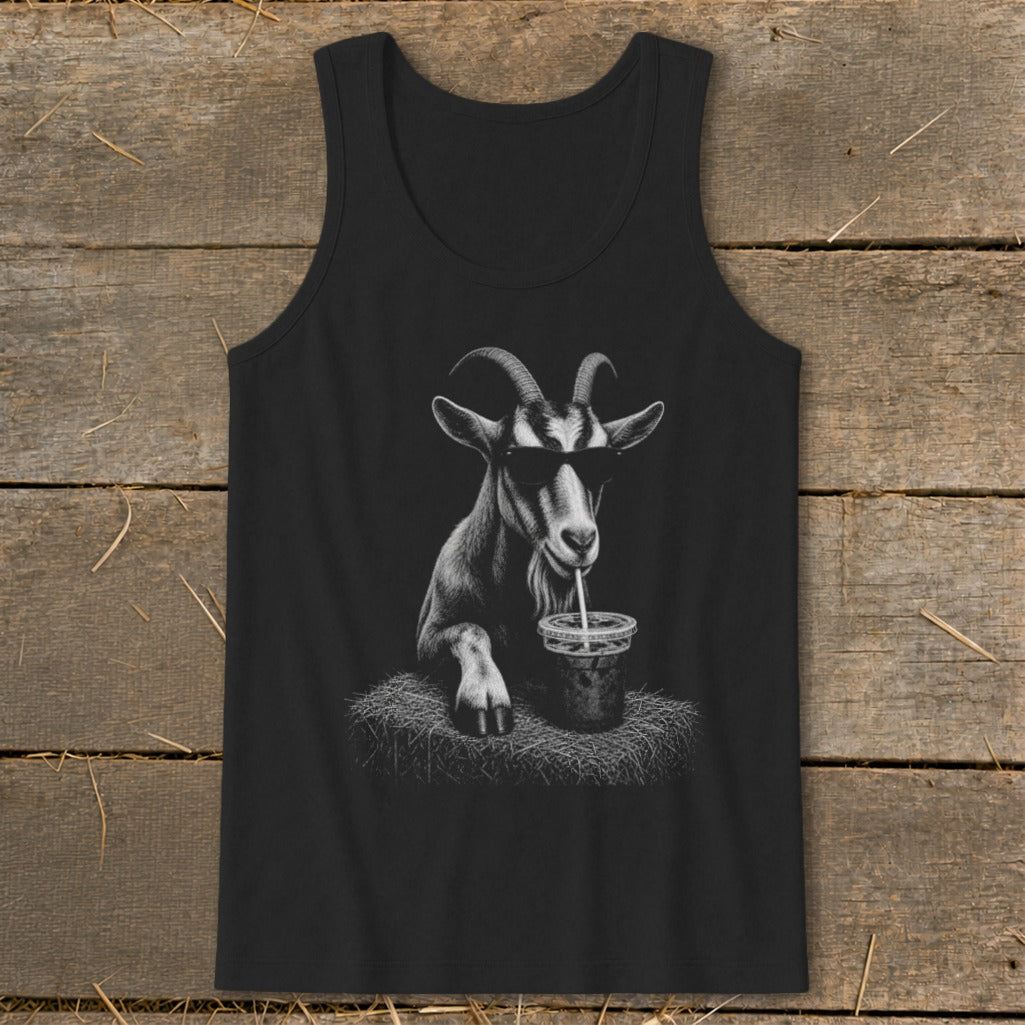 Black tank top with sketch of goat wearing sunglasses drinking from cup.
