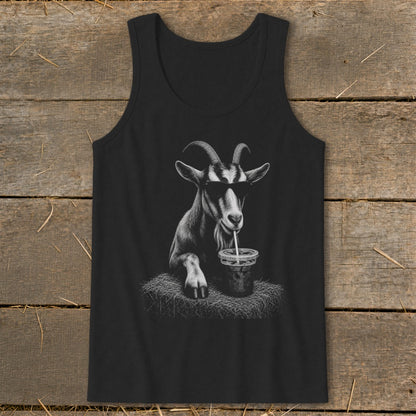 Black tank top with sketch of goat wearing sunglasses drinking from cup.