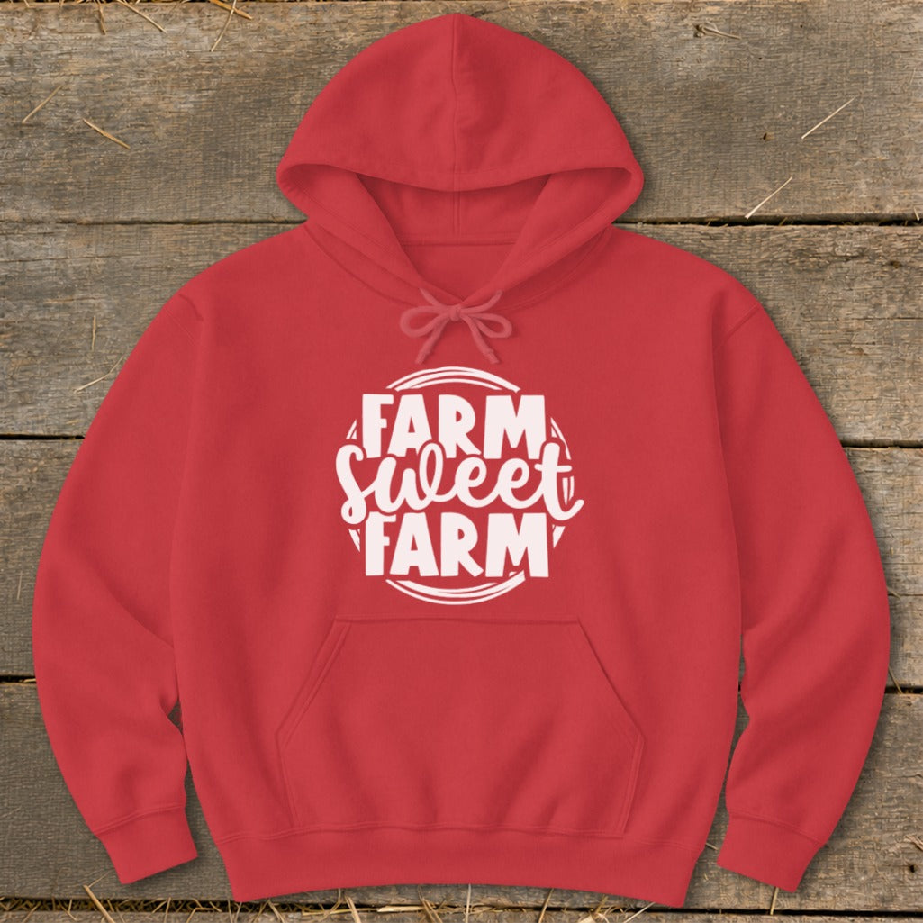 Red hoodie with white text reading "FARM Sweet FARM" in a circular design.