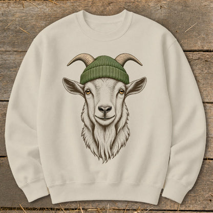 Cream sweatshirt with illustration of a goat wearing a green beanie.