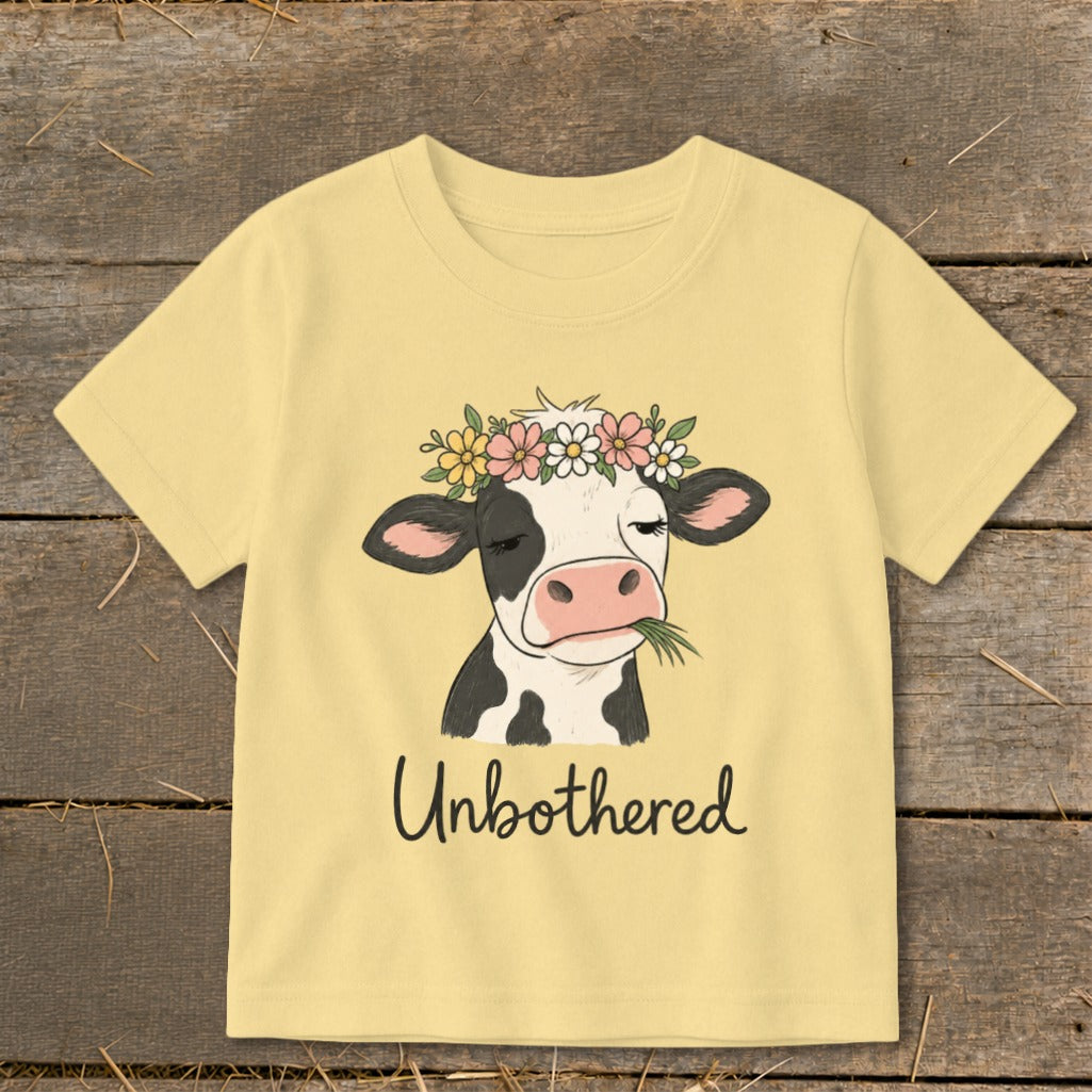 Light yellow t-shirt with a cartoon cow wearing a flower crown and the text "Unbothered".