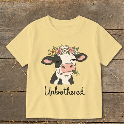 Light yellow t-shirt with a cartoon cow wearing a flower crown and the text "Unbothered".