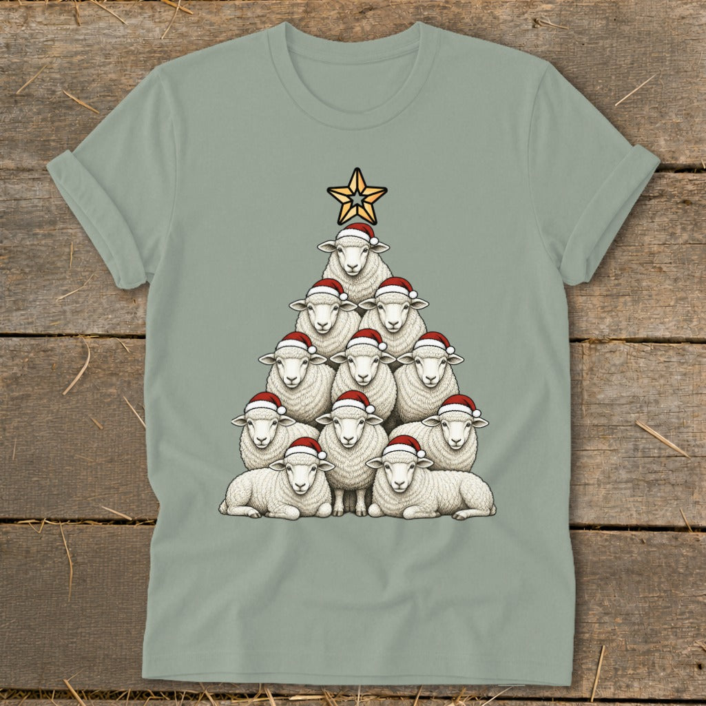 Sheep stacked in a Christmas tree shape wearing Santa hats with a star on top.