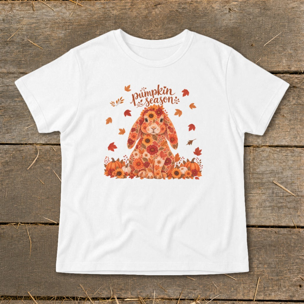 White t-shirt with a floral bunny, pumpkins, and "pumpkin season" text.