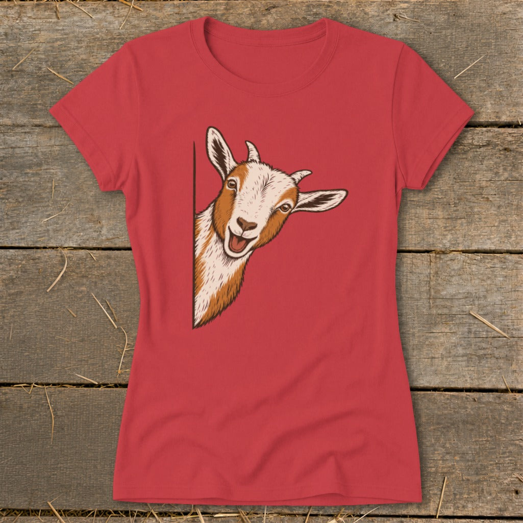 Red t-shirt with a cartoon goat peeking from the side.