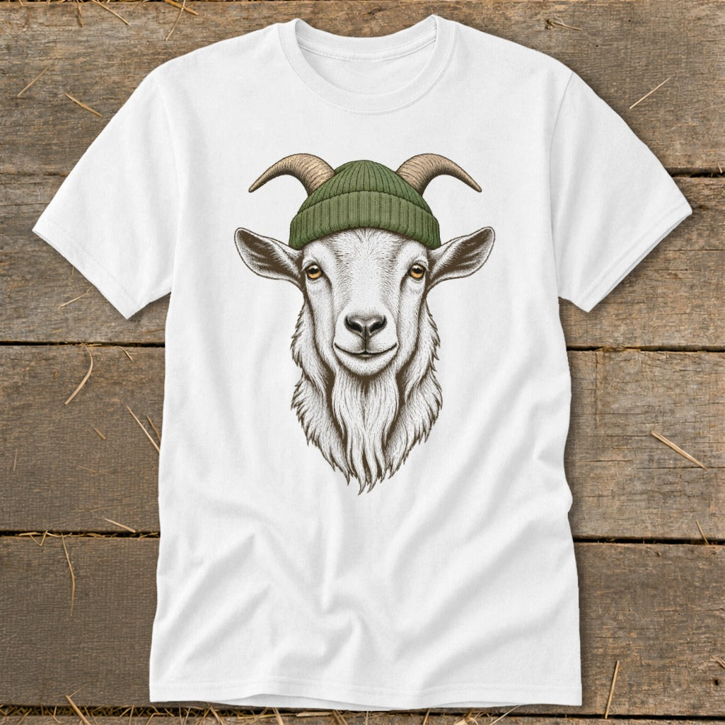 White t-shirt with a detailed illustration of a goat wearing a green beanie.