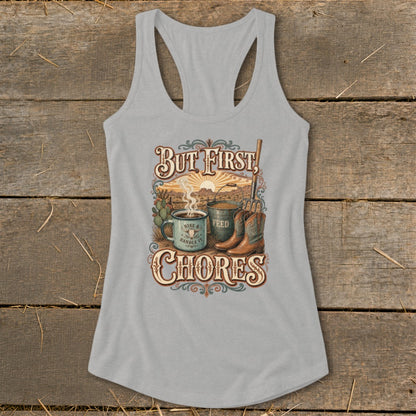 Women's grey tank top with "But First, Chores" graphic featuring coffee and farm elements.