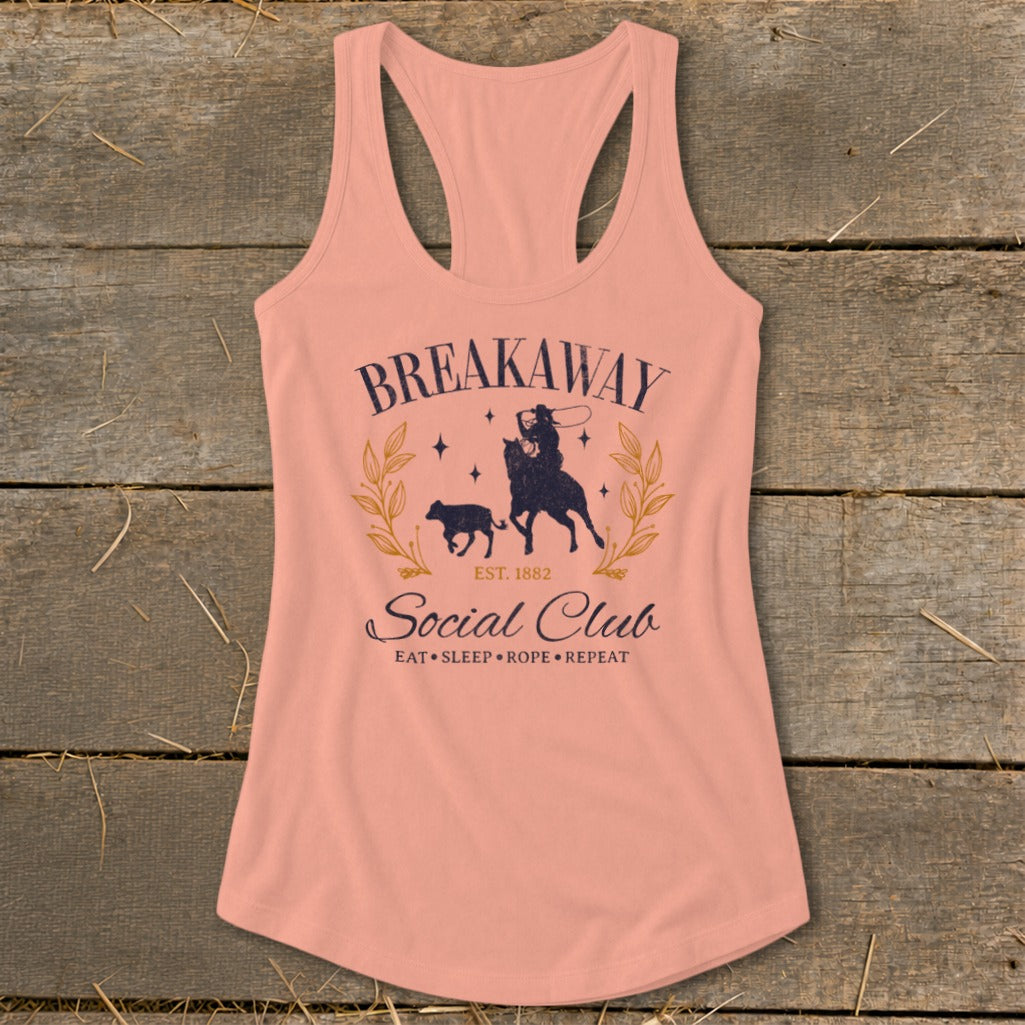 Peach tank top with "Breakaway Social Club" text and cowboy graphic.