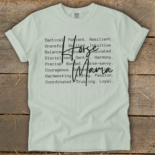Light green t-shirt with "Horse Mama" and descriptive words.