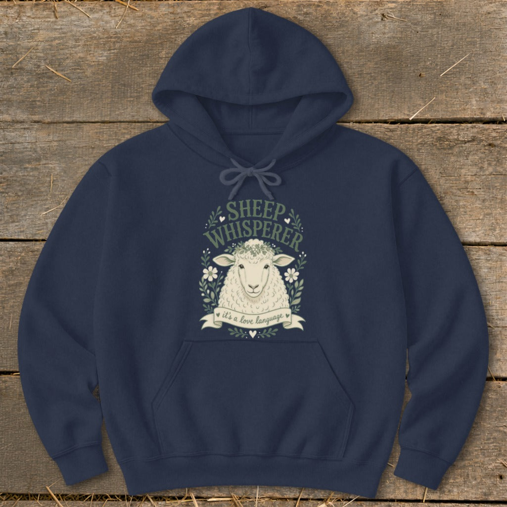 Navy hoodie with "SHEEP WHISPERER" and a sheep graphic.