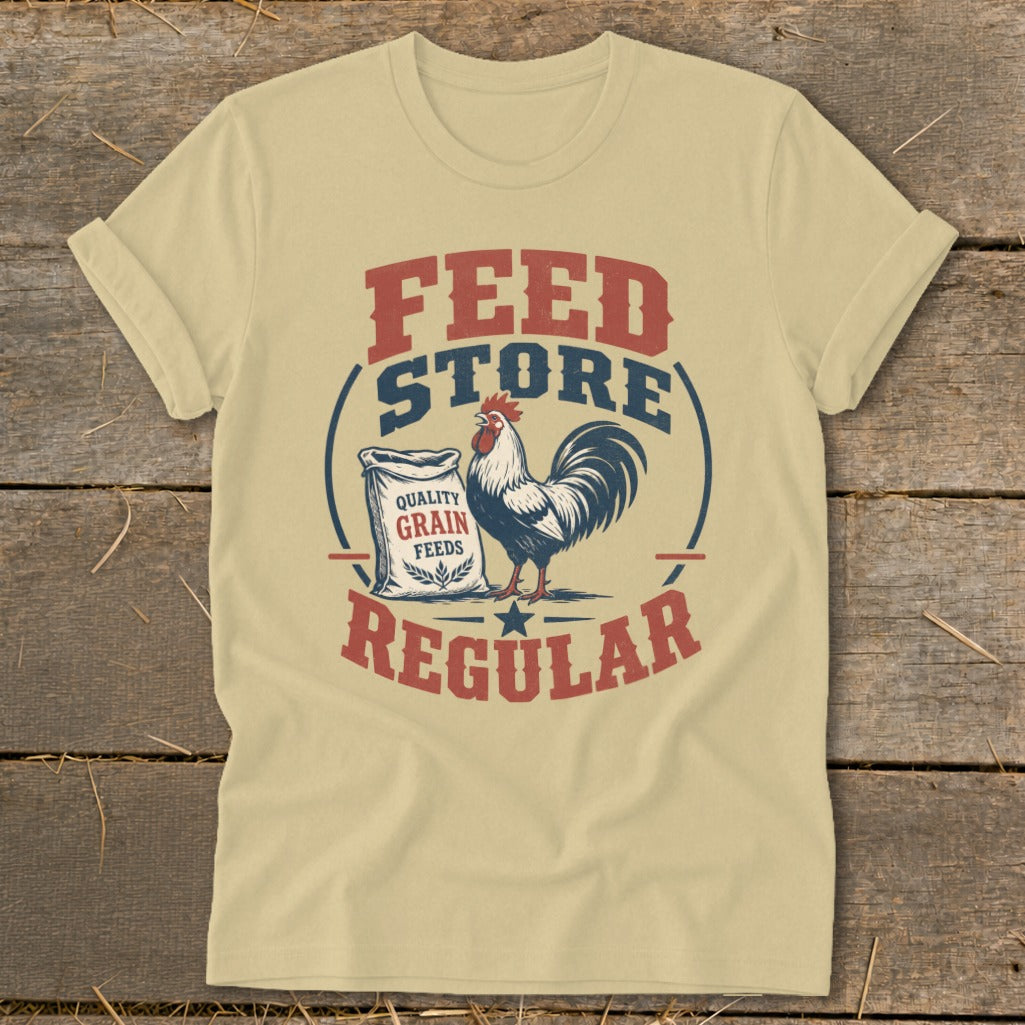 T-shirt with "Feed Store Regular" text, rooster, and bag of grain.