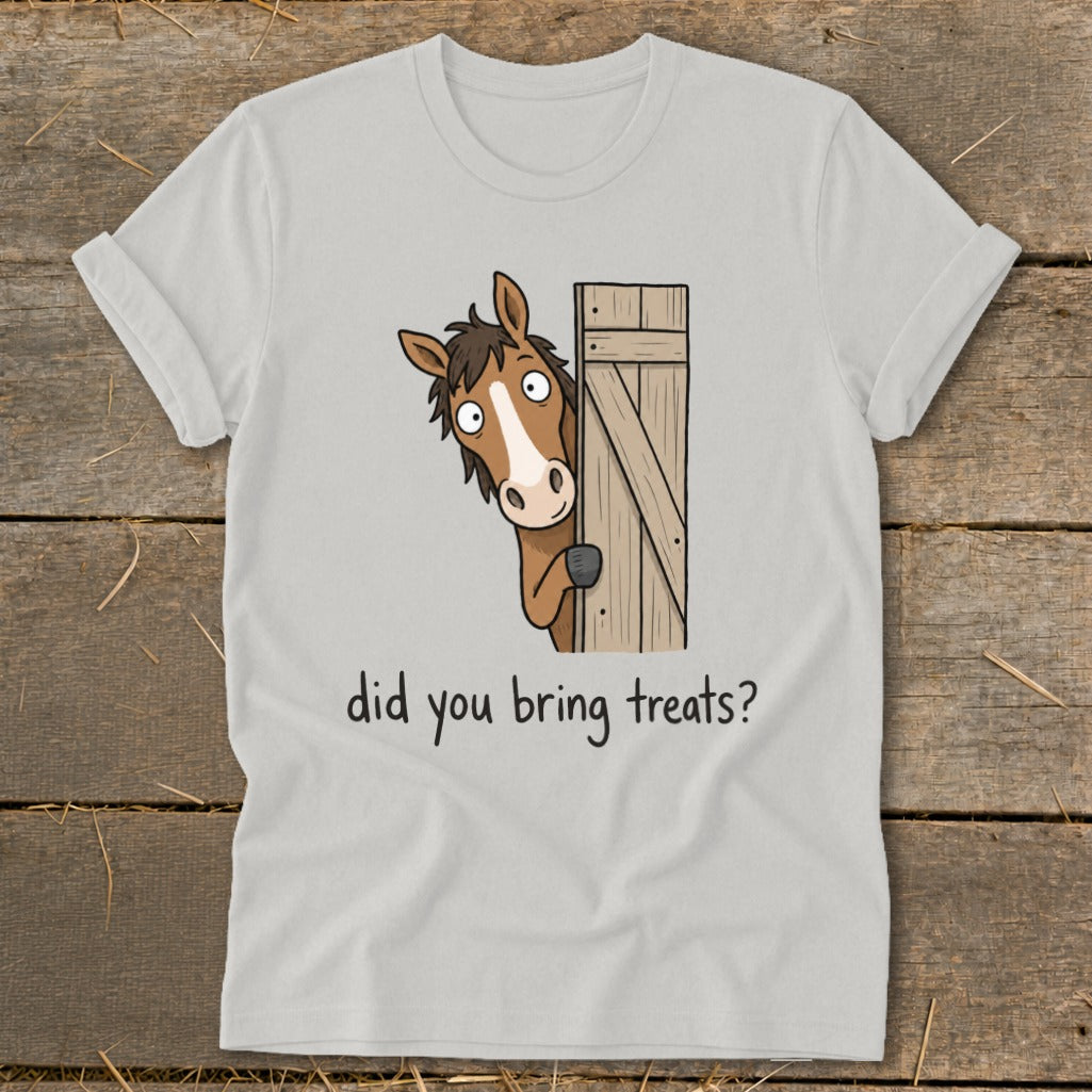 Cartoon horse peeking from behind a wooden gate, text "did you bring treats?"
