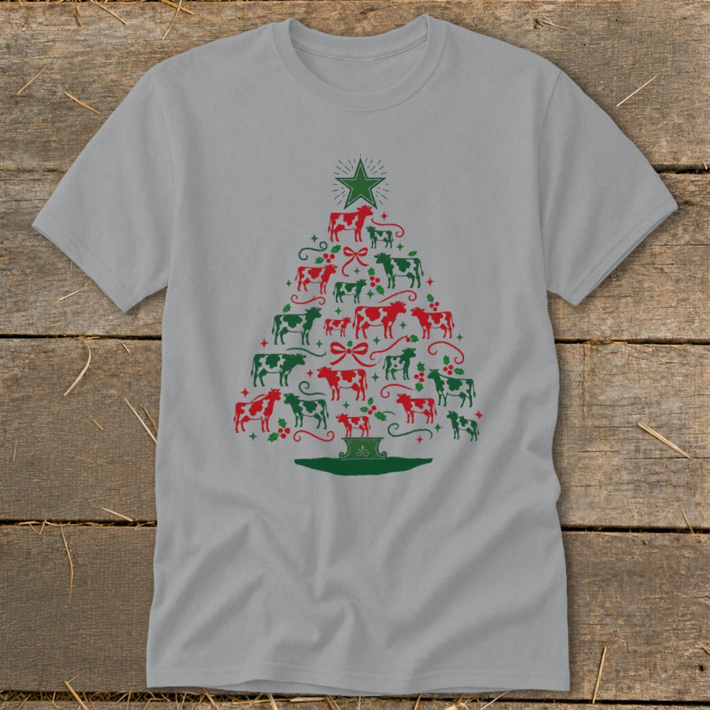 Christmas tree made of red and green cows, with a star on top.