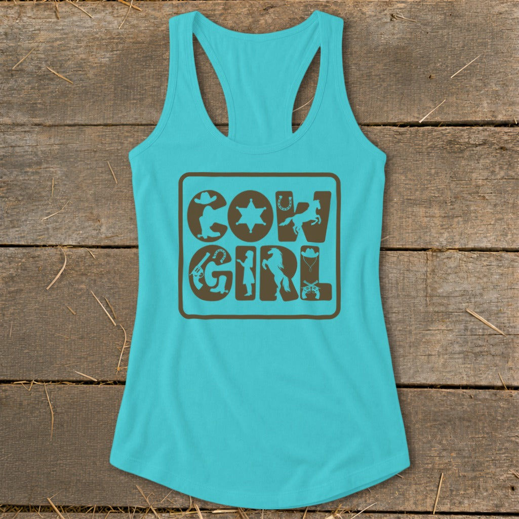 Turquoise tank top with brown "COW GIRL" text and Western graphics.