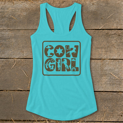 Turquoise tank top with brown "COW GIRL" text and Western graphics.