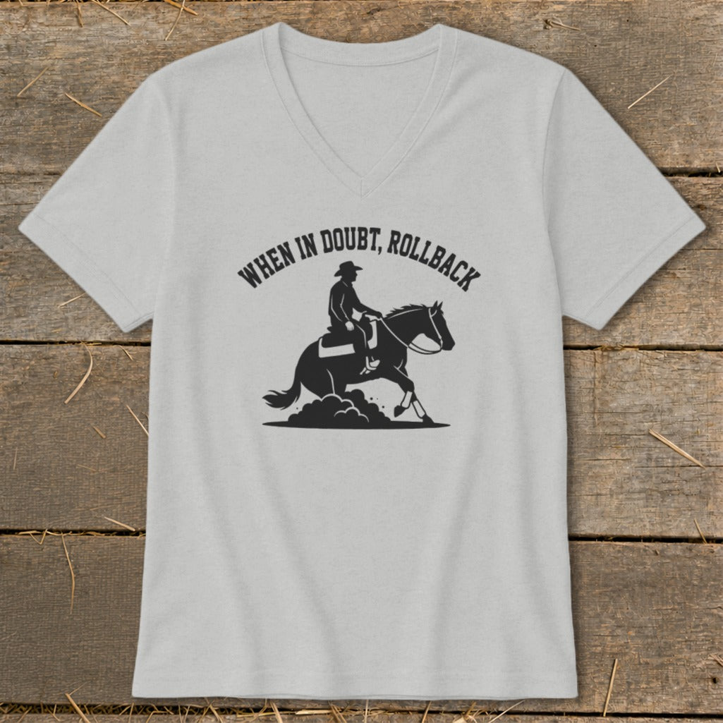 Light gray t-shirt with black graphic of a cowboy on a horse and text.