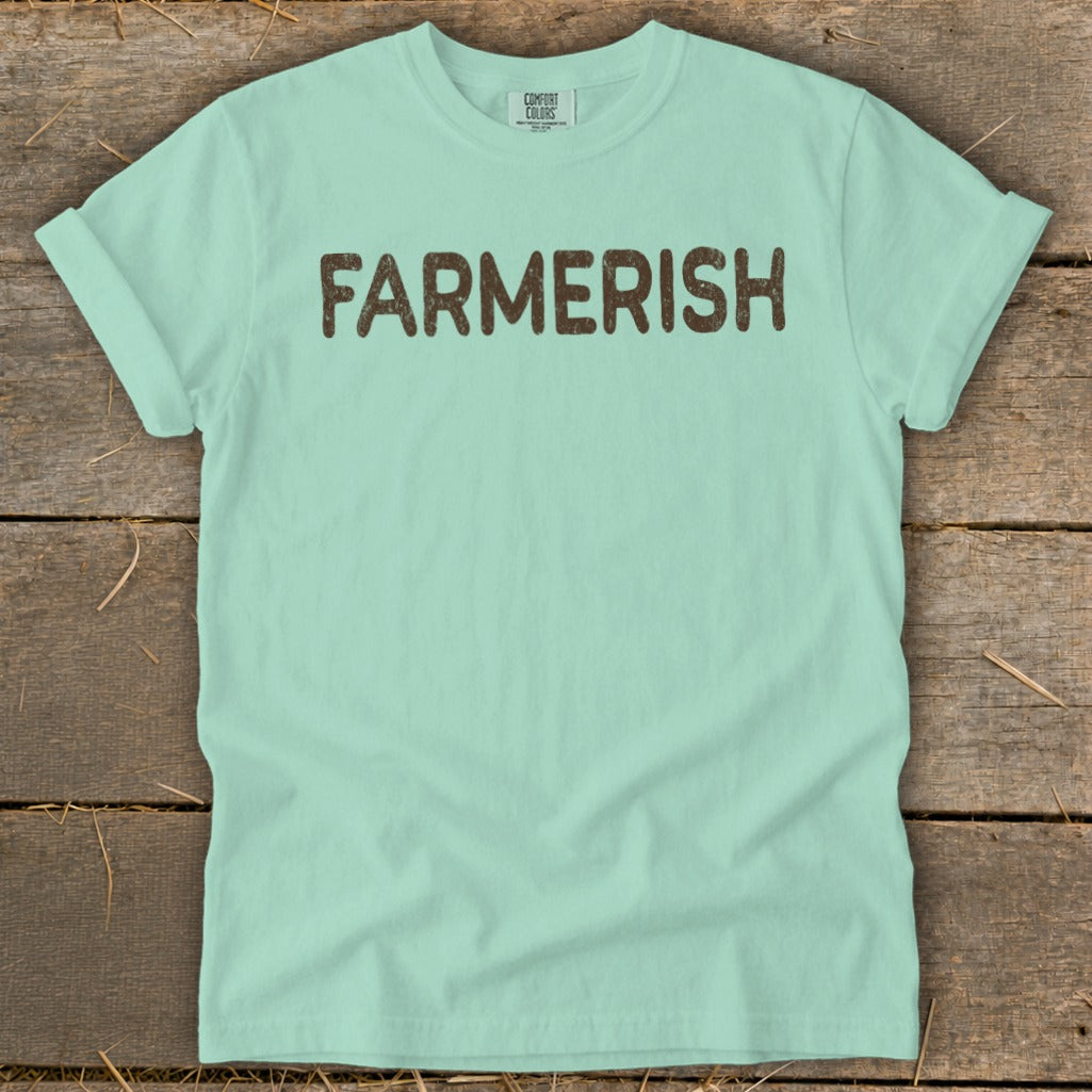 Mint green t-shirt with "FARMEiRISH" printed in brown text.