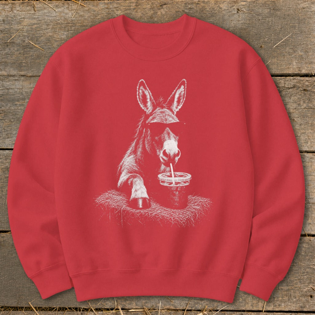 Red sweatshirt with white graphic of a donkey wearing sunglasses drinking from a cup.
