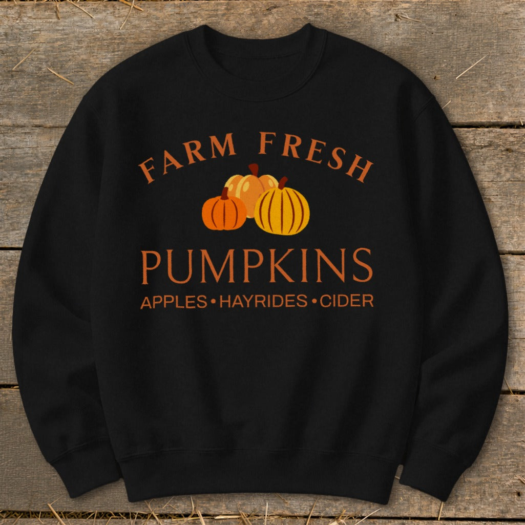Black sweatshirt with "Farm Fresh Pumpkins" and "Apples Hayrides Cider" text.