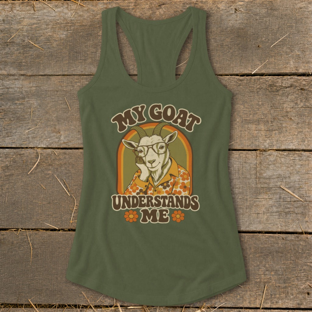 Green tank top with a retro graphic of a goat wearing glasses and a floral shirt.