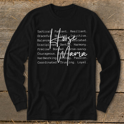 Long sleeve shirt with "Horse Mama" text and descriptive words.