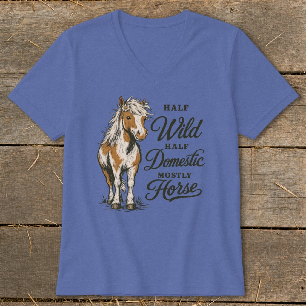 Blue t-shirt with a brown and white horse graphic and text that reads "Half Wild, Half Domestic, Mostly Horse."