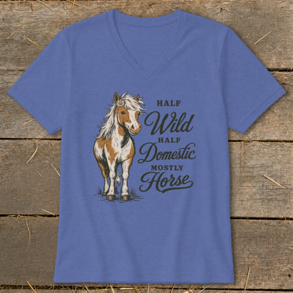 Blue t-shirt with a brown and white horse graphic and text that reads "Half Wild, Half Domestic, Mostly Horse."