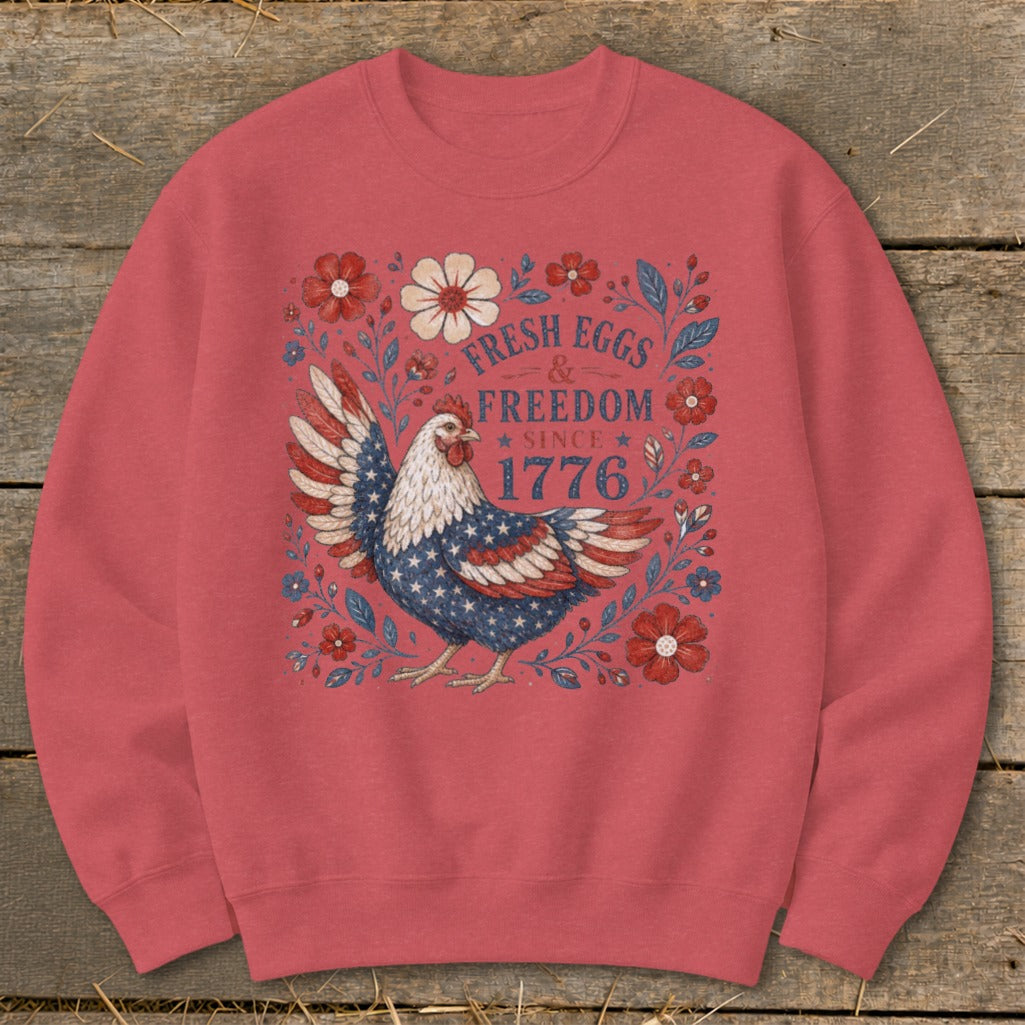 Chicken with American flag wings and "Fresh Eggs & Freedom Since 1776" text.