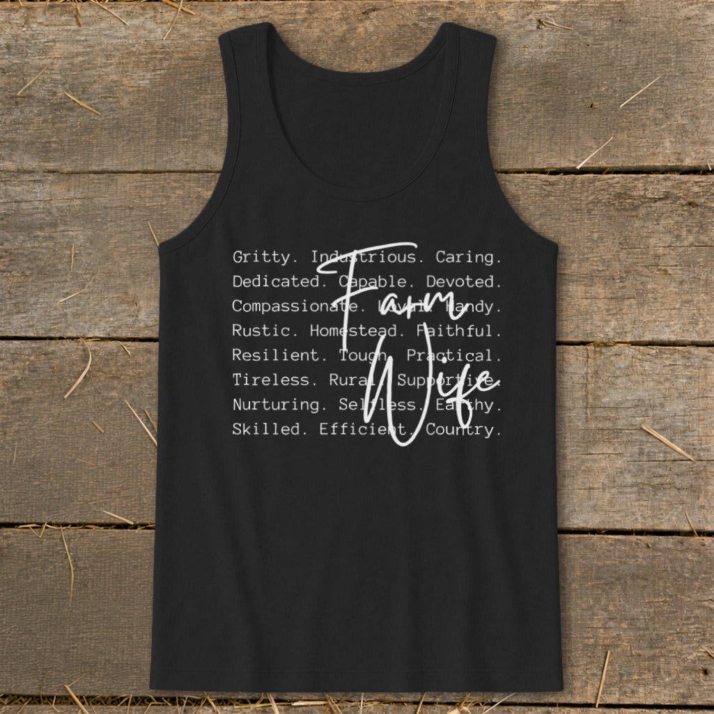 Black tank top with "Farm Wife" script and list of adjectives.