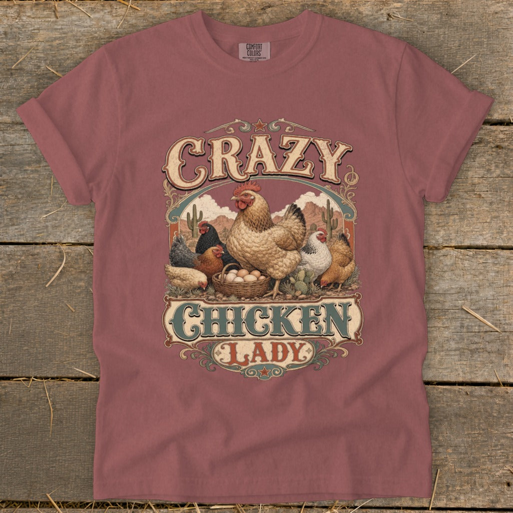 Crazy Chicken Lady design with roosters, hens, eggs, and cacti in a western landscape.