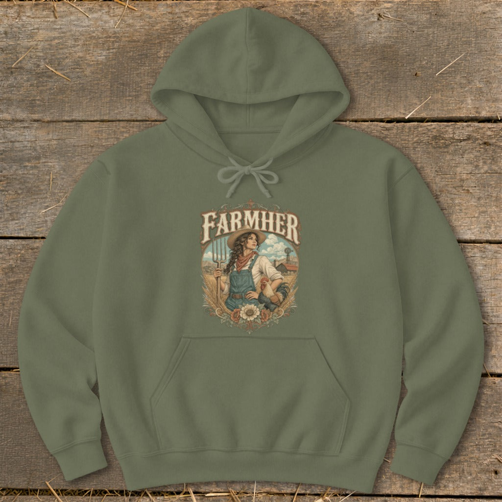 Olive green hoodie with "FARMHER" graphic featuring a woman holding a pitchfork and a rooster.