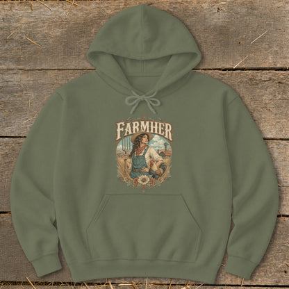 Olive green hoodie with "FARMHER" graphic featuring a woman holding a pitchfork and a rooster.