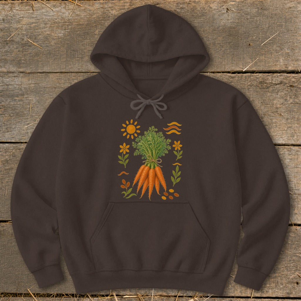 Brown hoodie with illustration of carrots, sun, flowers, and wavy lines.