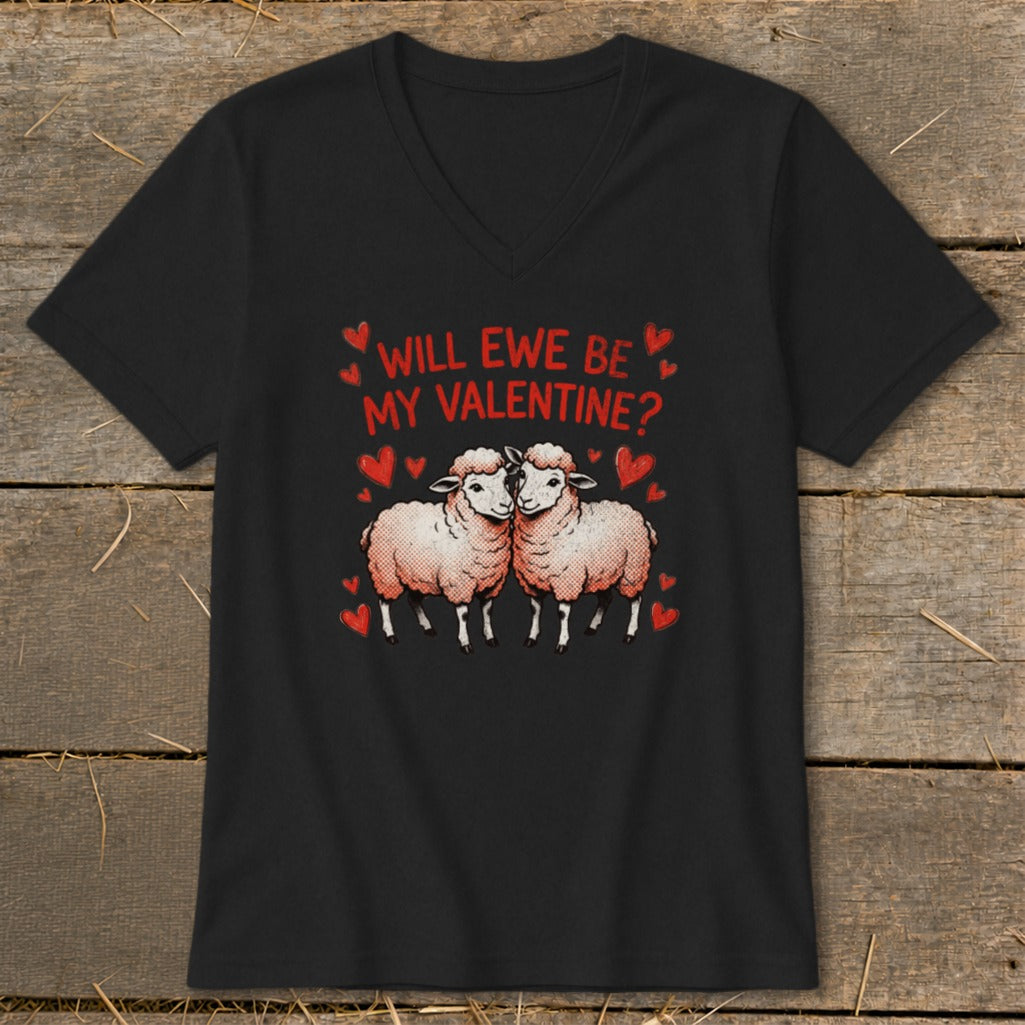 Black t-shirt with two sheep and "Will Ewe Be My Valentine?" text.