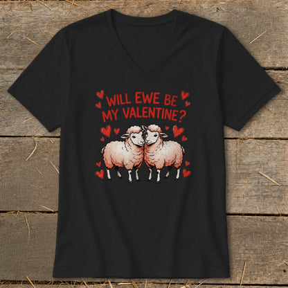 Black t-shirt with two sheep and "Will Ewe Be My Valentine?" text.