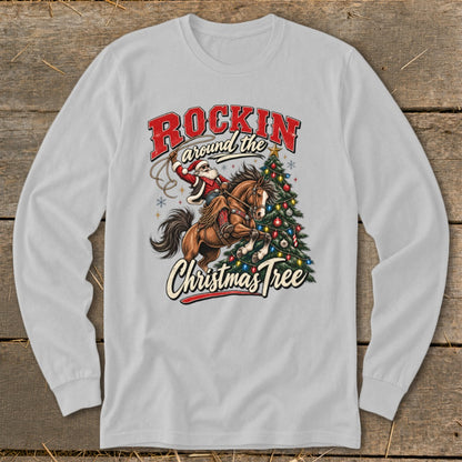Santa on a horse with a lasso and Christmas tree, text says "Rockin' around the Christmas Tree".