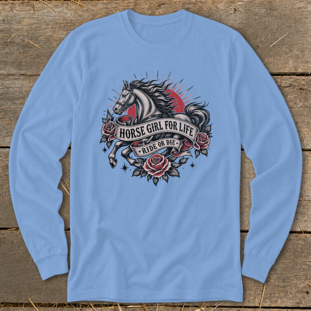 Light blue long-sleeve shirt with a vintage tattoo-style horse and roses graphic.