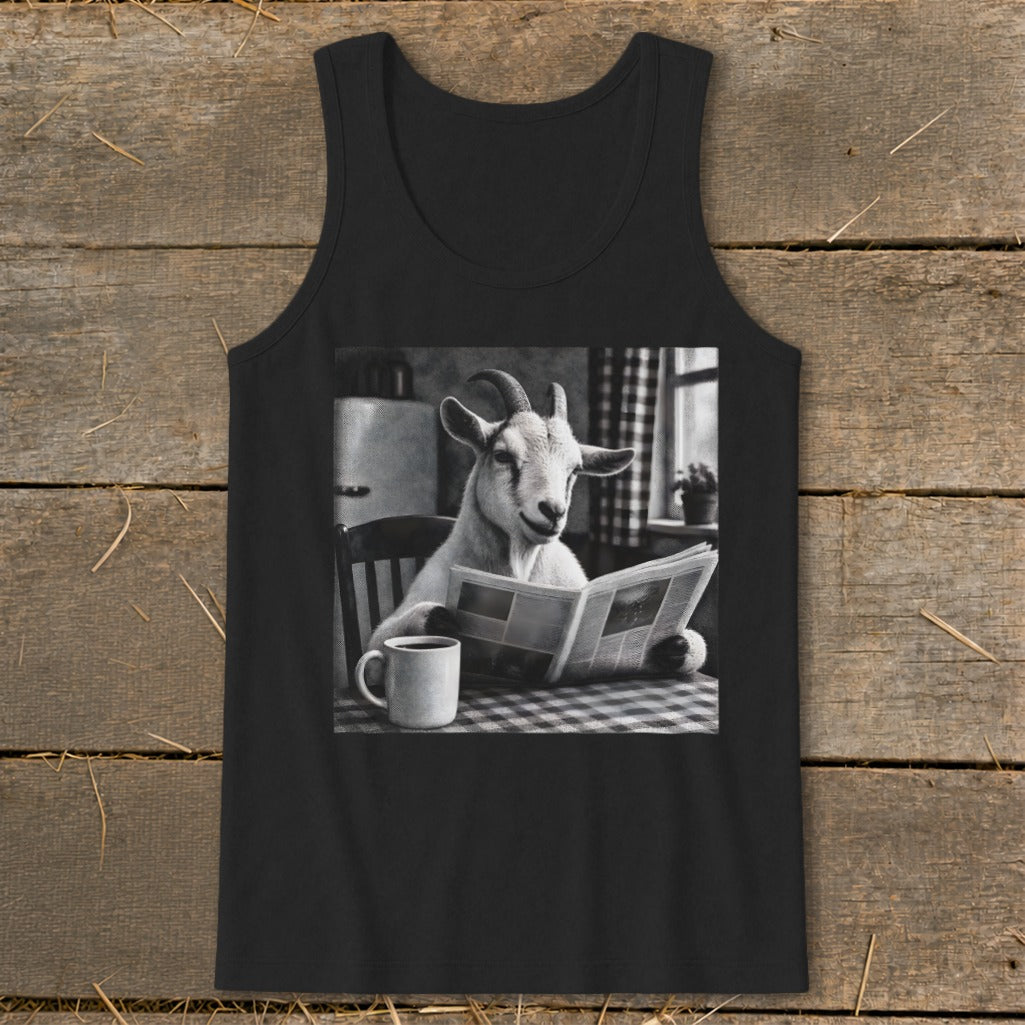 A black tank top featuring a graphic of a goat sitting at a table, reading a newspaper next to a coffee mug.
