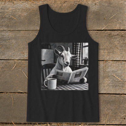 A black tank top featuring a graphic of a goat sitting at a table, reading a newspaper next to a coffee mug.