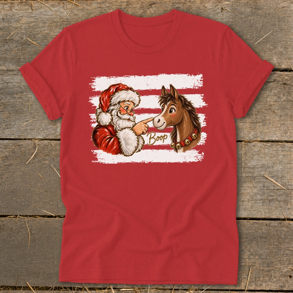 Santa booping a horse's nose with "Boop" text on a red t-shirt.