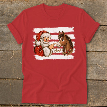 Santa booping a horse's nose with "Boop" text on a red t-shirt.