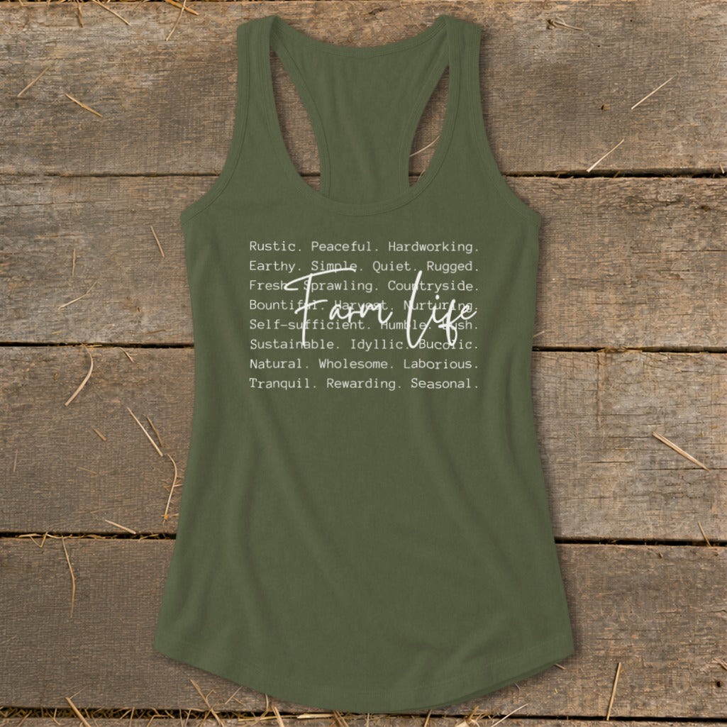 Olive green tank top with "Farm life" and descriptive words.