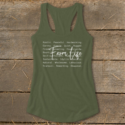 Olive green tank top with "Farm life" and descriptive words.